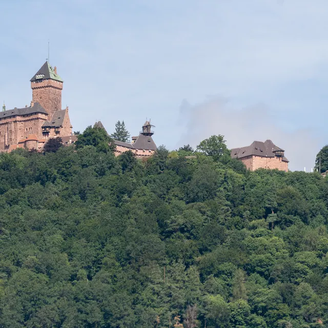 The Château du Haut-Kœnigsbourg on its forested Vosges ridge seen from the plain